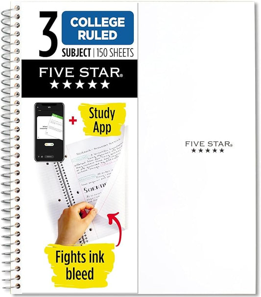 Five Star Spiral Notebook + Study App, 3 Subject, College Ruled Paper, Fights Ink Bleed, Water Resistant Cover, 8-1/2" x 11", 150 Sheets, White (72464)