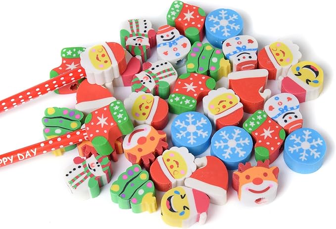 34PCS Fun Cute Christmas Topper Erasers for Kids Bulk,Top Erasers for Pencil Back to School Party Gifts