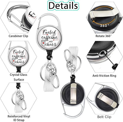 Gctriki Badge Reel Holder Retractable Heavy Duty with 360° Swivel Carabiner Clip, Funny Fueled by Caffeine and Chaos ID Holder Name Badge Clip RN Nurse Medical Badge Reel Retractable Keychain ID Clip