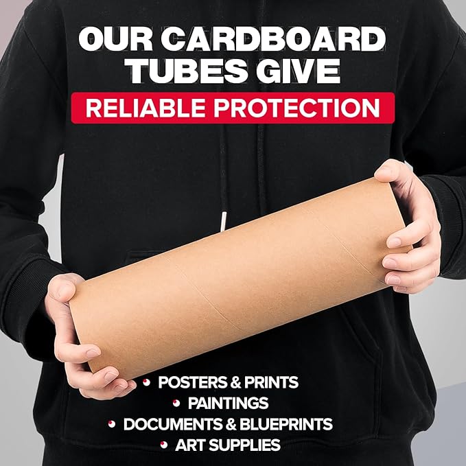 4" x 12" Reinforced Kraft Paper Mailing Tubes, Pack of 6 Tubes with 2 Caps Each – USPS Approved Poster Tube – Made in USA Cardboard Tube for Shipping and Storing Posters, Prints, Artwork, or Documents