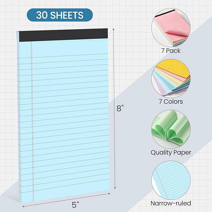 VITEVER Note Pads 5x8,[7 Pack] Colorful Narrow Ruled Legal Pads,Micro Writing Pads Perforated Lined Note Paper for Study,Office,To-Do Lists,30 Sheet/notepad, Multicolor