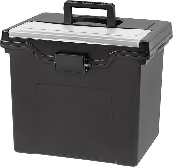 IRIS USA File Box with Lid File Organizer for Letter File w/ Organizer-Lid, Plastic Mobile Filing Organizer, Water Resistant Document Box, Portable File Box with Handle, Secure Buckle, Lockable, Black