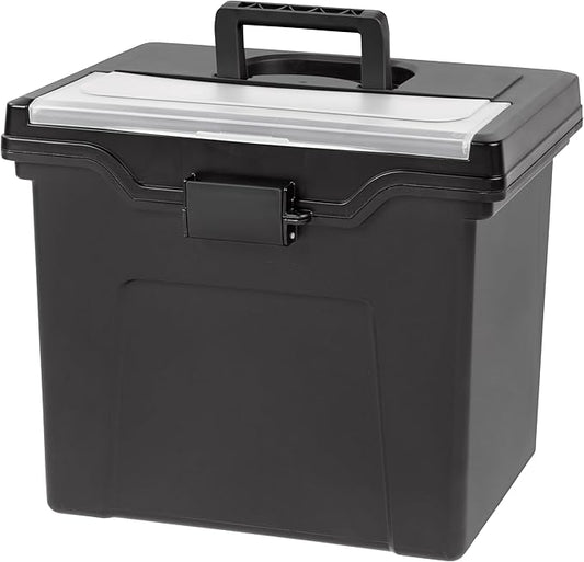 IRIS USA File Box with Lid File Organizer for Letter File w/ Organizer-Lid, Plastic Mobile Filing Organizer, Water Resistant Document Box, Portable File Box with Handle, Secure Buckle, Lockable, Black
