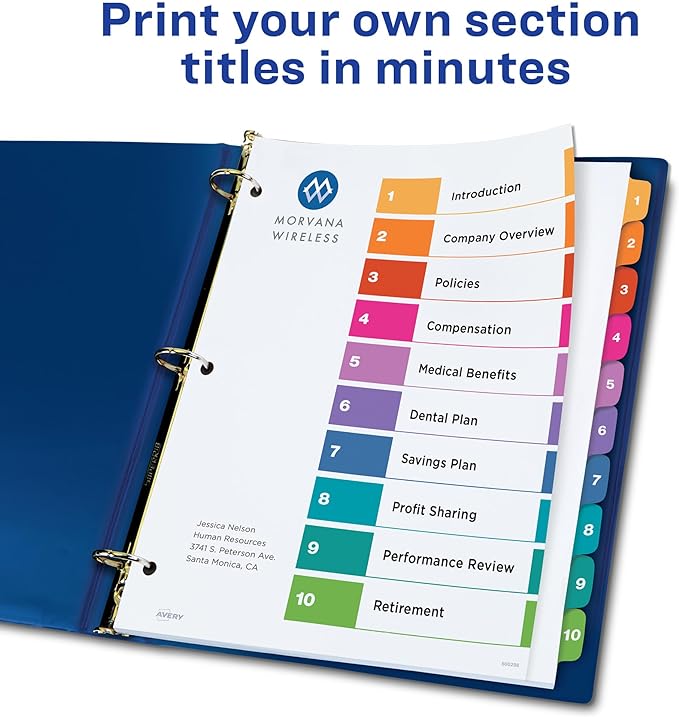 Avery 10 Tab Dividers for 3 Ring Binders, Customizable Table of Contents, Multicolor Tabs, 6 Sets (11188)