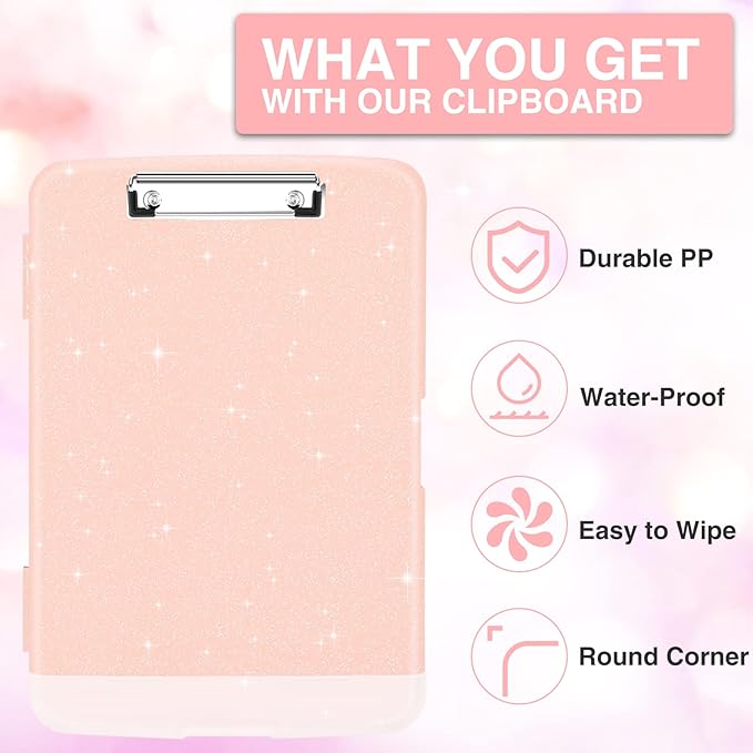 Sooez Glitter Clipboard with Storage, High Capacity Storage Clipboard with Pen Holder, Cute Clip Boards 8.5x11 with Low Profile Clip, Sparkle Plastic Clipboard Case Box for Women & Kids, Side Opening