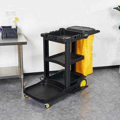 Restaurantware-Clean Tek Professional Janitor Cart with Wheels, 1 Cleaning Trolley with Cover and 21 Gallon Bag - 3 Shelves, Heavy-Duty, Gray Plastic Commercial Janitorial Cart, for Restaurants