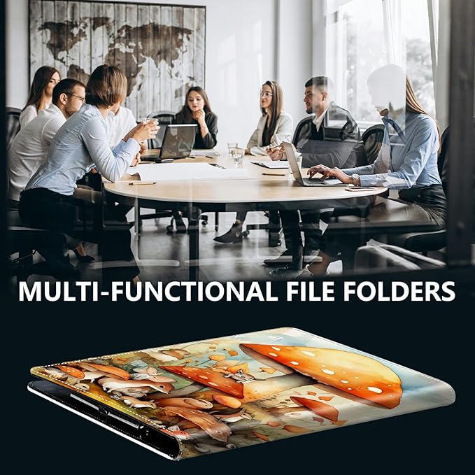 PU Leather Padfolio Folder Clipboard Portfolios Organizer Conference Document Organizer with Business Card Holder Storage Clipboard Writing Pad,Watercolor Mushroom