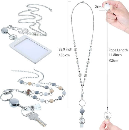 Hicarer 3 Pcs ID Badge Lanyard Necklace with ID Holder Clip Stainless Steel Beaded Chain Retractable Badge Reel Valentine (Chic Style)