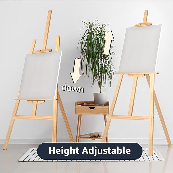 Nian Feng Wooden Easel for Painting, Large Floor Painting Stand for Adjnstable Height and Folding, 59-Inch, for Canvas Wedding Sign Poster, Art Easel for Adults and Teens (Natural)