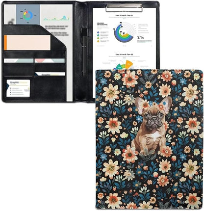 Office Folder Colorful Flower Dog Print PU Leather Padfolio with A4 Size Clipboard Clip for Business Resume Interview Document Sleeve Binder Folder for Men/Women