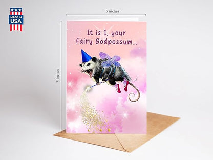Fairy God Possum Happy Birthday Greeting Card - Funny Godparent Birthday Gift Idea for Men Women Him Her - Hilarious Feral Animal Godpossum Bday Present for Best Friend Bestie Coworker or Sister