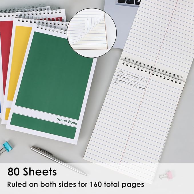 LABUK Steno Pads 6x9 Inches 5 Pack 80 Sheets Spiral Steno Notebooks Gregg Rule, Pocket Notebooks Colorful Covers with Top Spiral Pads for School, University, College, Work, Office, Valentine Gifts