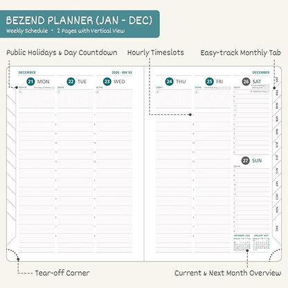 BEZEND 2026 Planner Weekly and Monthly (6" x 8.5") Daily Calendar with Half-Hourly Timeslots & Tabs (Jan-Dec) Note & Expenses, Pen Holder, Inner Pocket, Vegan Leather Hardcover - Turquoise