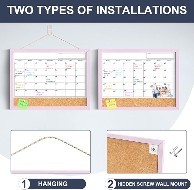 Dry Erase Calendar Cork Board Combo, 17"x13" Calendar Whiteboard for Wall, Magnetic White Board Monthly Calendar with Pink Wood Framed, Dry Erase Board for Planner Office Kitchen Home Memo