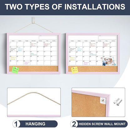Dry Erase Calendar Cork Board Combo, 17"x13" Calendar Whiteboard for Wall, Magnetic White Board Monthly Calendar with Pink Wood Framed, Dry Erase Board for Planner Office Kitchen Home Memo