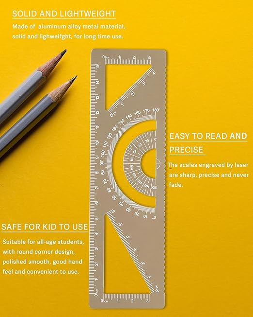 4-in-1 Geometry Set, Metal Math Ruler Kit- Aluminium Protractor, 2 Precision Triangles, Straight Edge Rule - Multifunctional Drafting& Measuring Small Ruler for Kids School - 6 in, Gold