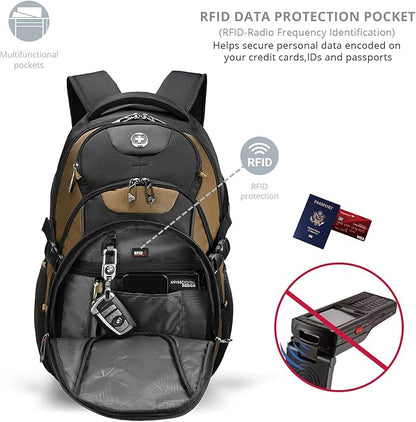 Swissdigital Design Large Business Laptop Backpack with Smart USB Charging Port, Travel Backpack Fits 15.6 inches laptops, Water Repellent College Backpack for Men Women (VECTOR SD803-34 Tan/Black)