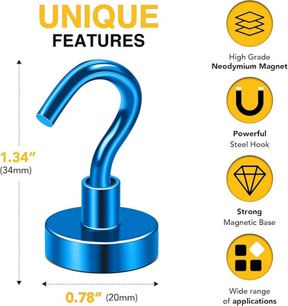 DIYMAG Blue Magnetic Hooks, 50 LB Heavy Duty Strong Magnets with Hooks, Strong Rare Earth Neodymium Magnet Magnetic Hooks for Cruise Cabins Cruise Ship Essentials 20 Packs