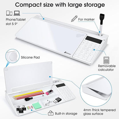 Varhomax Glass Desk Whiteboard with Calculator, Desktop Dry Erase White Board with Storage, to Do List Memo Notepad for Home and Office