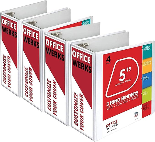 3 Ring Binder, Professional D Ring Binder 5 Inch, Presentation Folder for Standard Pages 8.5 x 11 with Pockets, Crystal Clear View White Binder (4 Pack)