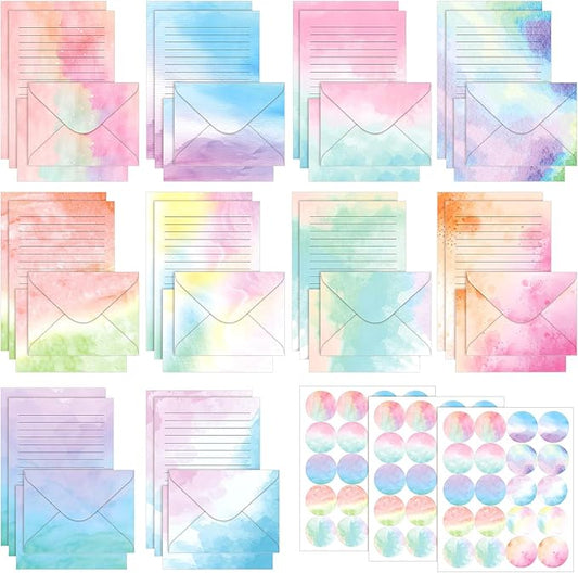 TaoBary 160 Packs Stationery Paper Set (50 Double Sided Stationery Writing Papers 50 Matching Envelopes) 60 Round Dot Sticker, 10 Design(Watercolor,8.5 x 11 Inch)