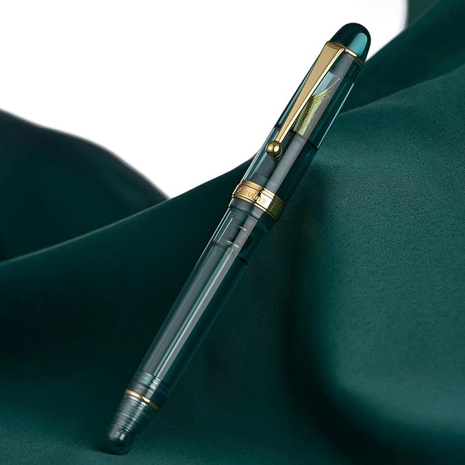 Asvine V126 Vacuum Filling Fountain Pen Transparent Teal Acrylic, Medium Nib Large-Capacity with Gift Case