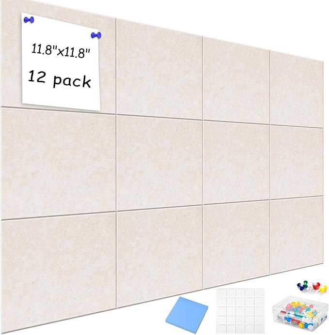 Large Cork Board Alternative for Walls, 47"x35" 12 Pack Felt Wall Tiles Bulletin Board with 30 Push Pins, Sticky Notes, Cork Boards for Office Pin Board Tack Board Felt Boards (Light Camel)