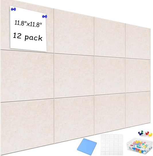 Large Cork Board Alternative for Walls, 47"x35" 12 Pack Felt Wall Tiles Bulletin Board with 30 Push Pins, Sticky Notes, Cork Boards for Office Pin Board Tack Board Felt Boards (Light Camel)