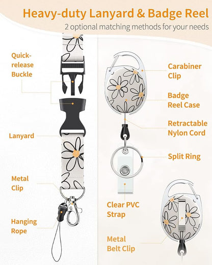 Uniclife 2 Pack Floral Sliding Badge Holder Flower Leaves Plastic Case with Retractable Badge Reel Carabiner Clip and Detachable Lanyard Strap Hard Vertical Card Protector for Women Nurse Teacher