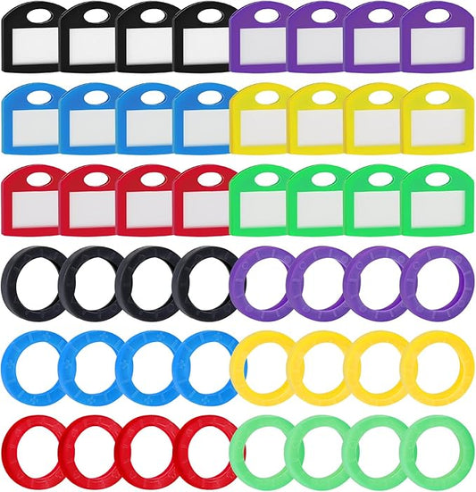 Uniclife 24 Pack Round Key Caps Covers and 24 Pack Key Cap Tags with Blank Paper Labels & Clear Windows Colorful Key Identifiers Protectors for Regular Flat House Keys (Not for Odd-Shaped Keys)