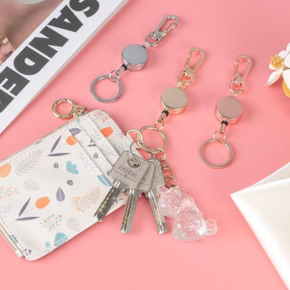 2 Pack Retractable Keychain, Carabiner Badge Holder with Retractable Cord Key Ring Id Strap, Small ID Badge Reel for Nurse,Volunteer,Teacher,Student,Woker (Silver,Rose Gold)