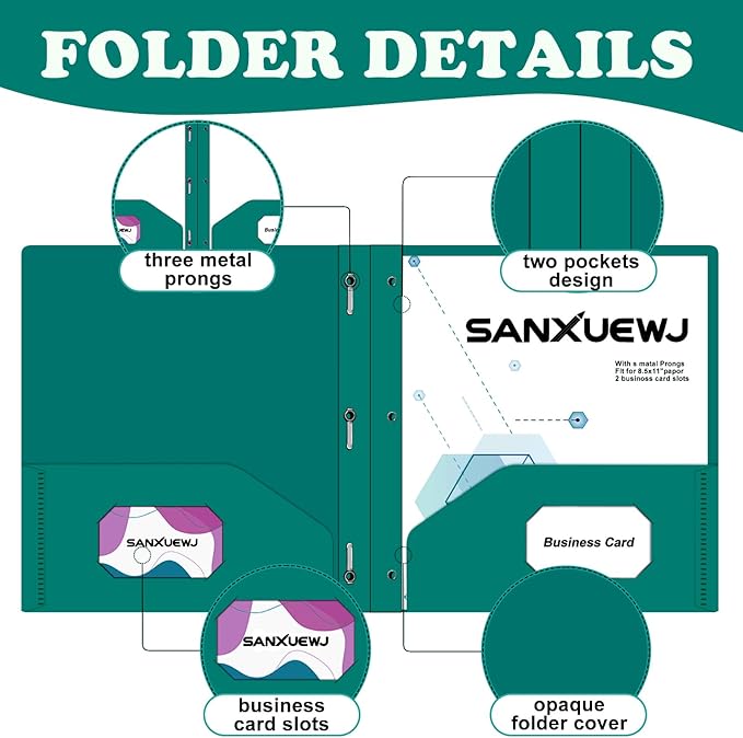 Folders with Pockets,SANXUEWJ 30 Pack Two Pocket Folders Business Card Holder Plastic Folders with Prongs for School Office Filing Cabinet Resume Portfolio (Green)