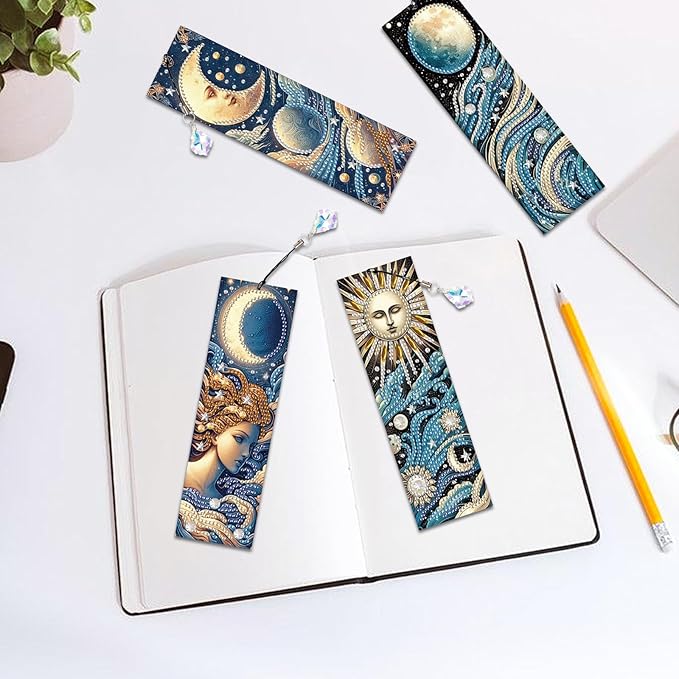 4-Piece Diamond Painting Bookmarks Set for Adults – Sun, Moon, and Waves Design DIY 5D Rhinestone Diamond Art Bookmark Kits with Tassels, Beautiful Diamond Art Bookmarks for Crafts Gifts