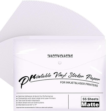 JANDJPACKAGING Printable Vinyl for Inkjet Printer - 55 Pack Matte White Printable Vinyl Sticker Paper Dries Quickly Vivid Colors, Holds Ink Well, Tear Resistant, Inkjet & Laser Printer(140 g)