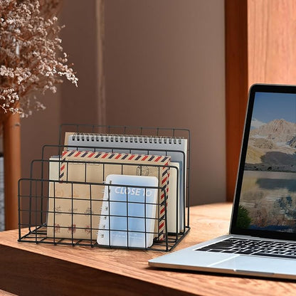 3 Slot Metal Desk Mail Organizer, Mesh Small Large File Magazine Book Record Holders Letter Organizer, Bill/Document/Filing/Folders/Paper Organizer for Desktop (Black-Large)