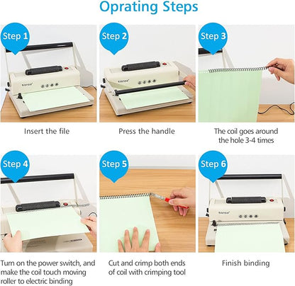 TIANSE Coil Binding Machine, Electric Coil Inserter, Manual Round Hole Punch, 15 Sheets Punch Capacity, Perfect for Letter Size / A4 / A5, Comes with 100pcs 5/16'' Plastic Coil Binding Spines & Plier