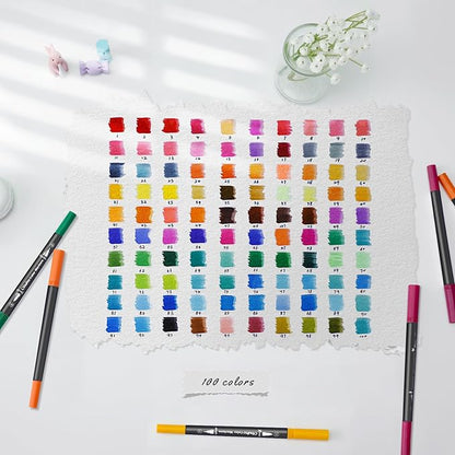 Ohuhu Markers for Adult Coloring Books No bleeding 100 Colors Coloring Markers Water-based Dual Tips Fineliner & Brush Drawing Pens Art Markers for Kids Adults Sketch Journal - Maui - Black