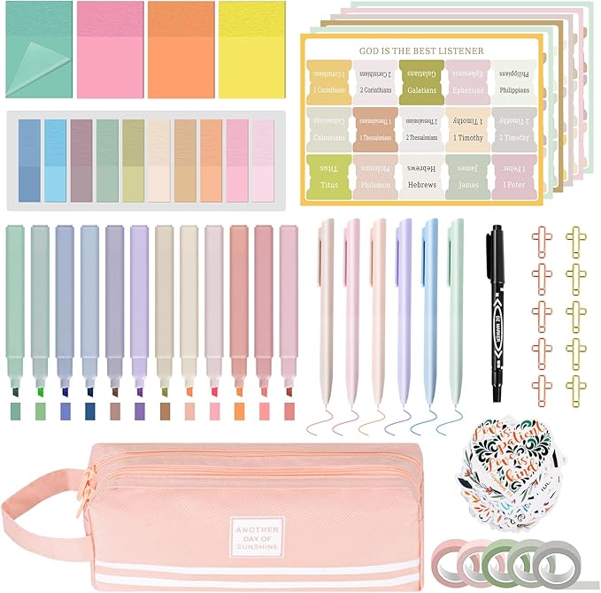 47 Pcs Bible Study Supplies,Bible Journaling Kit for Women, Morandi Bible Study Kit with Pastel Bible Highlighters and Tabs,Bible Pens,Sticky Notes,Bible Annotation Kit