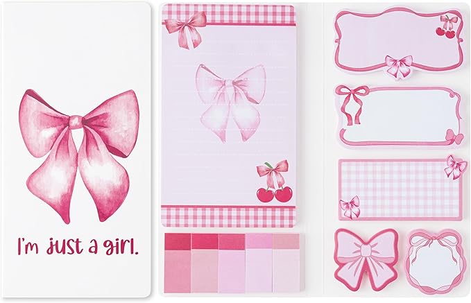 Coquette Pink Bow Sticky Notes Set - I’m Just A Girl Self-Stick Note Pads Bowknot Notepads Writing Memo Pad Page Marker Bookmarker Preppy Girly Stuff Back to School Office Supplies Gift