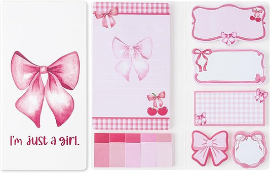 Coquette Pink Bow Sticky Notes Set - I’m Just A Girl Self-Stick Note Pads Bowknot Notepads Writing Memo Pad Page Marker Bookmarker Preppy Girly Stuff Back to School Office Supplies Gift