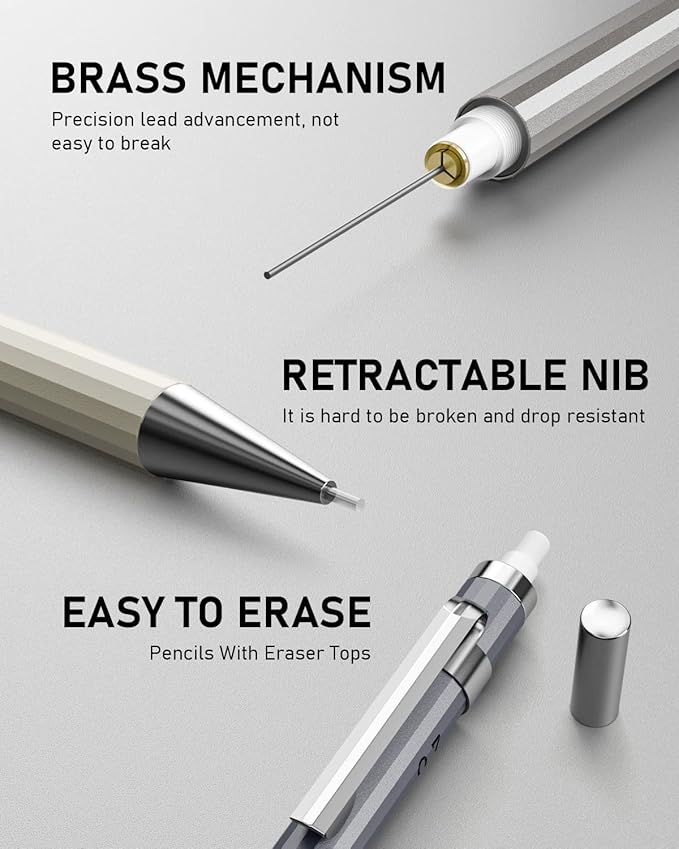 Nicpro 2 PCS 0.7 mm Metal Mechanical Pencils Set, Drafting Pencil for Artist Writing, Sketching, Drawing, with 4 Tubes HB Lead Refill & Erasers, Erasers Refills & Storage Case