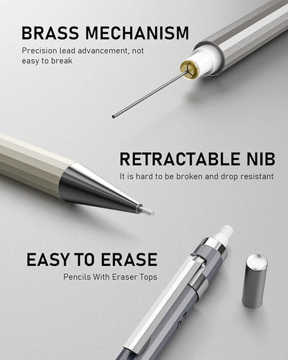 Nicpro 2 PCS 0.7 mm Metal Mechanical Pencils Set, Drafting Pencil for Artist Writing, Sketching, Drawing, with 4 Tubes HB Lead Refill & Erasers, Erasers Refills & Storage Case