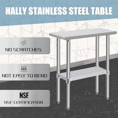 Hally Stainless Steel Table for Prep & Work 30 x 12 Inches, NSF Commercial Heavy Duty Table with Undershelf and Galvanized Legs for Restaurant, Home and Hotel