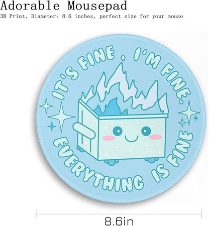 Gctriki Dumpster on Fire Mouse Pad, Cute Light Blue Round Mouse Pads for Desk, Funny Dumpster Mousepad for Laptop Gaming Stitched Edge Non-Slip Rubber Base, Cute Office Desk Accessories Decor
