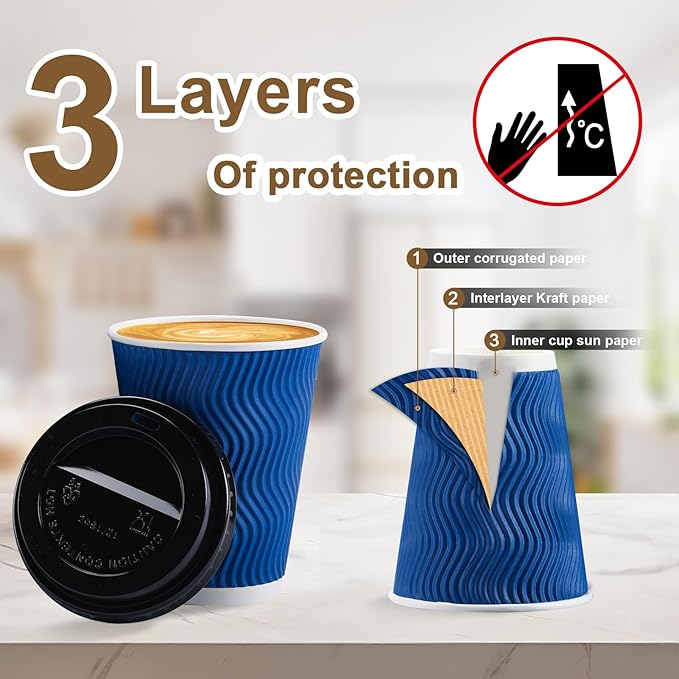100 Pack Coffee Cups with Lids 12oz, Disposable Insulated Ripple Wall To Go Paper Coffee Cups for Hot/Cold Drinks Office Home Shop Event (Navy)