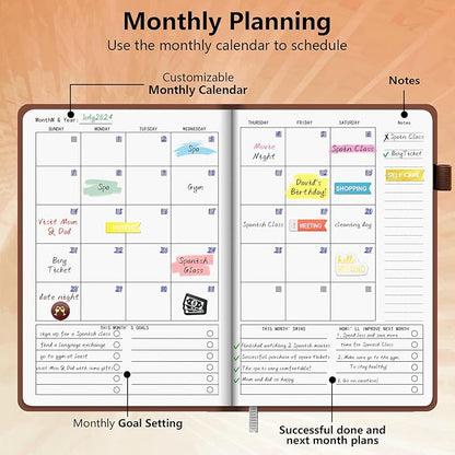 Upgraded Planner 2024-2025 A5, Undated Leather Hardcover Planner with Sticker Tabs, Organizer Notebook, Weekly Goals Planner, Daily Planner, To Do List, Habit Tracker, Aesthetic, School or Office