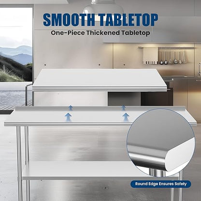 Stainless Steel Table 24 x 60 Inches Metal Prep Table with Backsplash & Adjustable Undershelf for Commercial Kitchen, Outdoor, Restaurant, Hotel & Garage