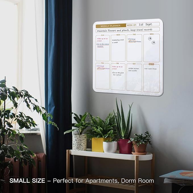 SELEAD Magnetic Glass Planning Board for Small Apartment - 18”x18” Dry Erase Whiteboard Weekly Planner Wall Calendar, Message Memo TODO Board for Home Kitchen, White&Gold