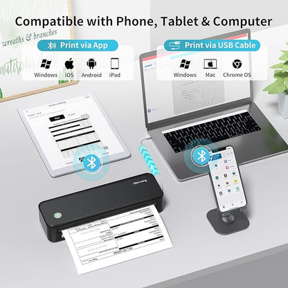 300DPI Portable Printer Wireless for Travel, Inkless Small Bluetooth Printers for Home Use, Compatible with Mobile Phone & Laptop, Support 8.5 x 11 Inch & A4 Thermal Printer Paper, Black