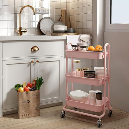 3-Tier Pink Utility Rolling Cart,Kitchen Storage Carts with Wheels,Pink Metal Rolling Cart for Office,Home,Kitchen,Garden（18"x11.4"x31.2"） Pink